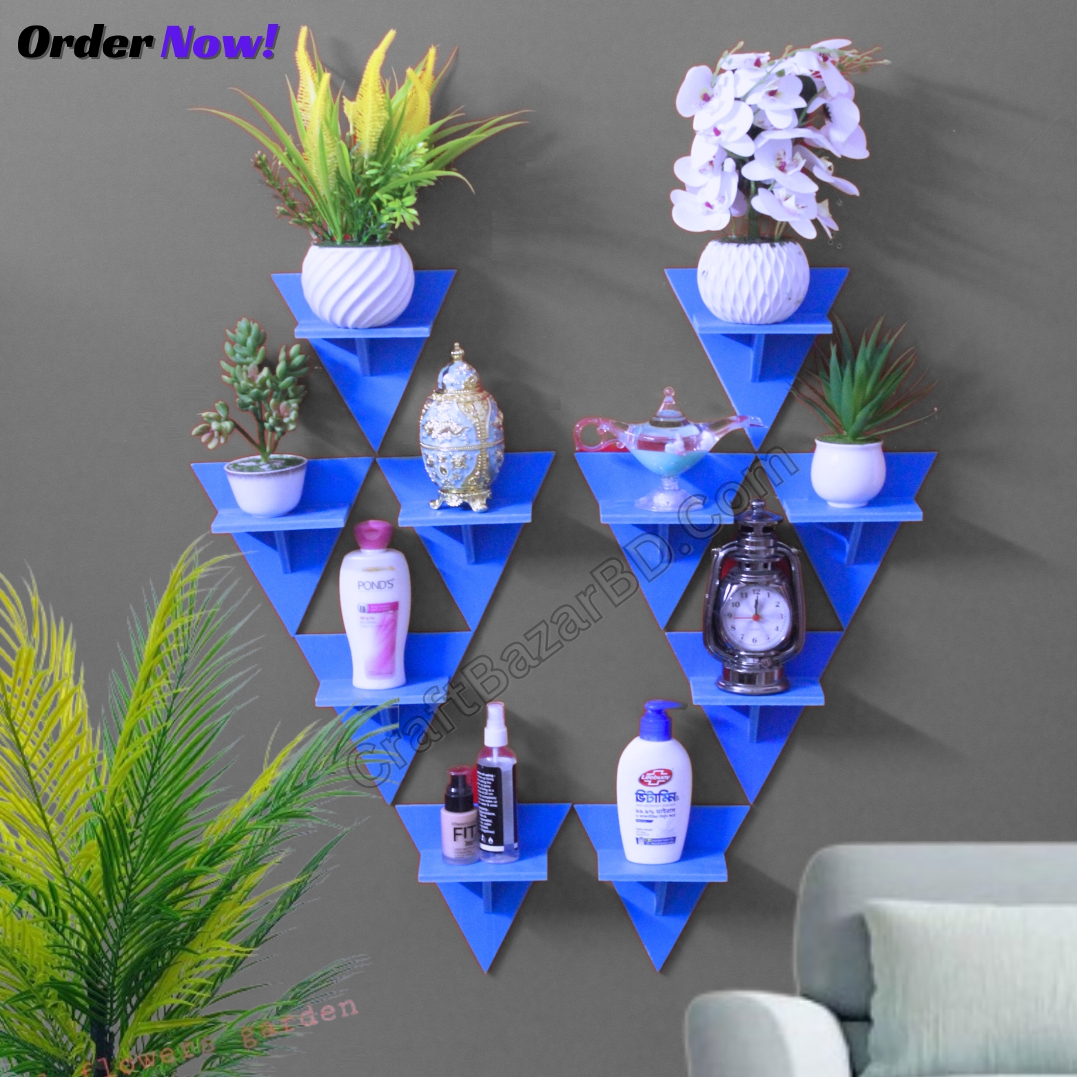 Picture of Square Shape Wall Shelf Without Flower . Self Adhesive Punch Free Wall Decor Waterproof Premium Quality.