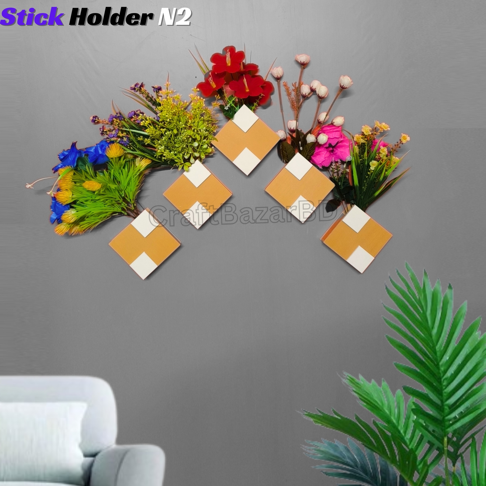 Picture of Wall Mounted Flower Stick Holder (N2) Without Flower . Self Adhesive Punch Free Wall Decor (1/3/5 Pcs 1 Set ) Premium Quality And Waterproof .