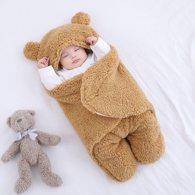 Picture of Newborn Outdoor Windproof Plush Solid Colour Soft Baby Hold Blankets Infant Cocoon Wraps Cotton Winter Sleeping Bag Multicolor For (size free)