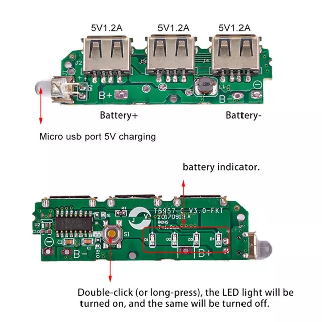 Picture of 5 Volt 2.1A 3 USB Power Bank Battery Charger Module Circuit Board Step Up Boost DIY Multicolor