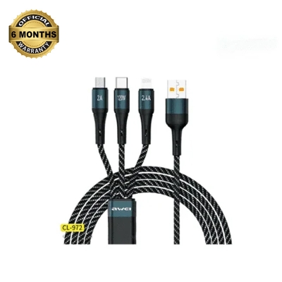 Picture of Awei CL-972 3 In 1Fast Charging Cable 120W Multi Usb Port Charging Cord USB Type C Micro Data Cable - Black