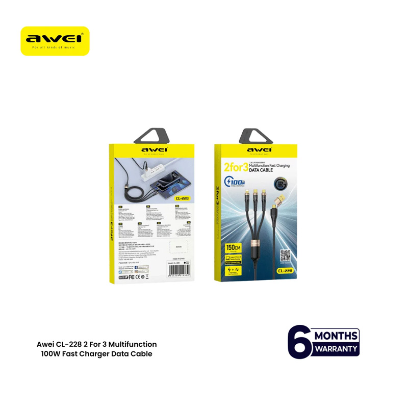 Picture of Awei CL-228 2 For 3 Multifunction 100W Fast Charger Data Cable - Black