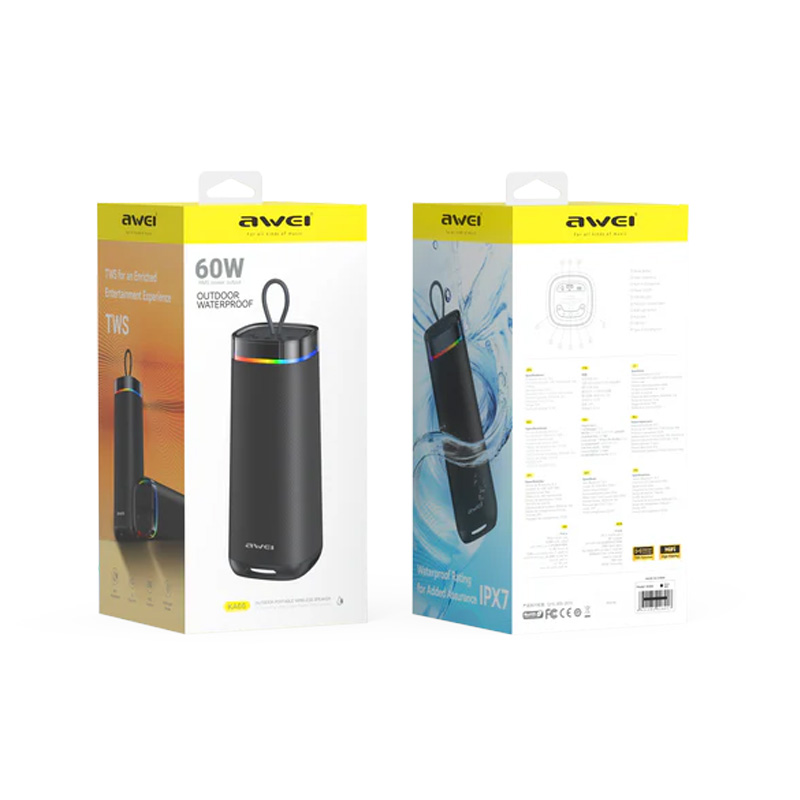 Picture of AWEI KA66 60W IPX7 Waterproof Bluetooth Speaker with RGB Lights - Black