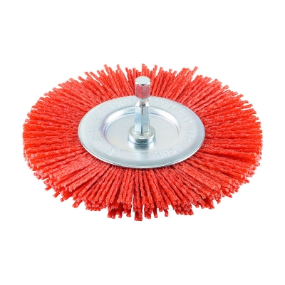 Picture of 4 Inch Nylon Mounted Wheel Brush with Red Abrasive Bristles for Surface Finishing - Red
