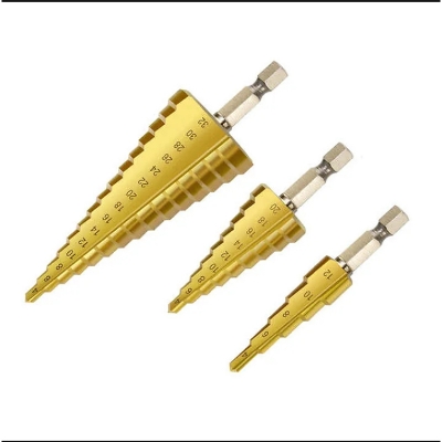 Picture of High Speed Steel Titanium Coated Step Drill Bits 3Pcs Titanium Step Drill Bit Set for Plastic Wood-GND - Gold