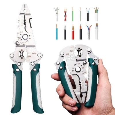 Picture of 1Pcs Multifunctional Foldable Wire Stripper Crimper Cable Cutter Pliers Electrician Cable Cutting Wiring Pulling Stripping Tools - Silver