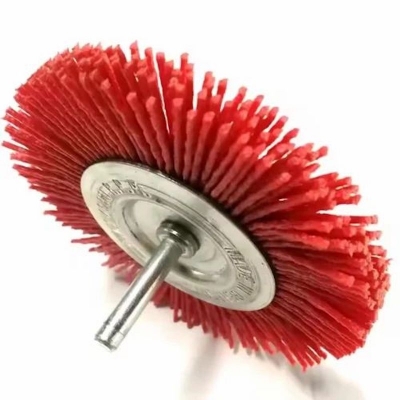 Picture of 4 Inch Nylon Mounted Wheel Brush with Red Abrasive Bristles for Surface Finishing - Red