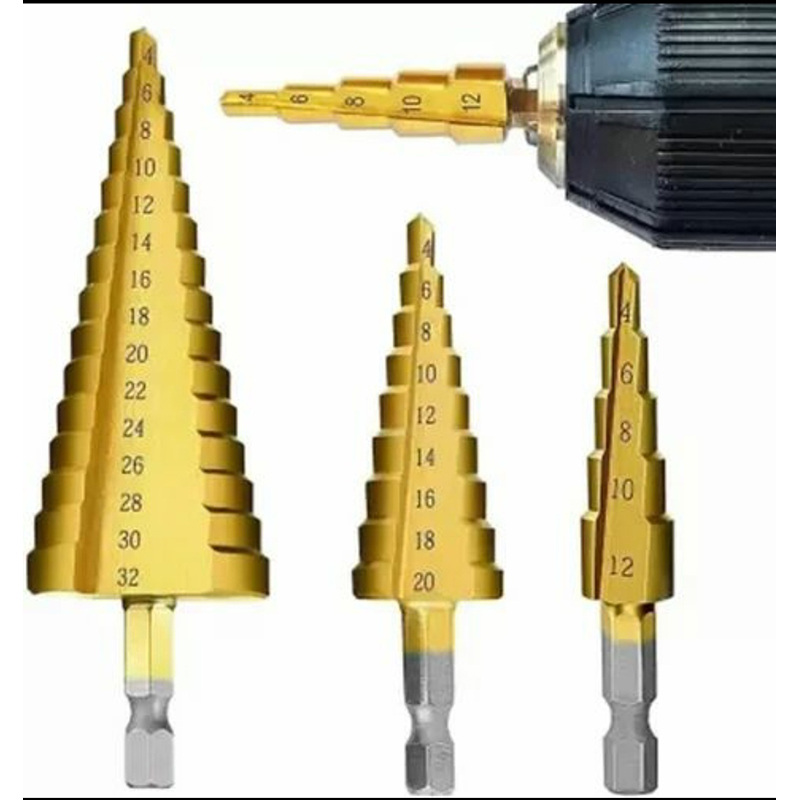 Picture of High Speed Steel Titanium Coated Step Drill Bits 3Pcs Titanium Step Drill Bit Set for Plastic Wood-GND - Gold