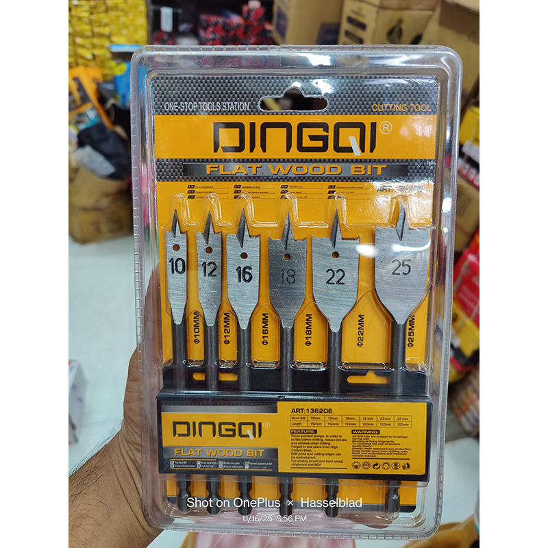 Picture of “DINGQI 6 Pcs Flat Wood Bit Set – 10mm to 25mm | High Speed Precision Wood Drilling” - Silver