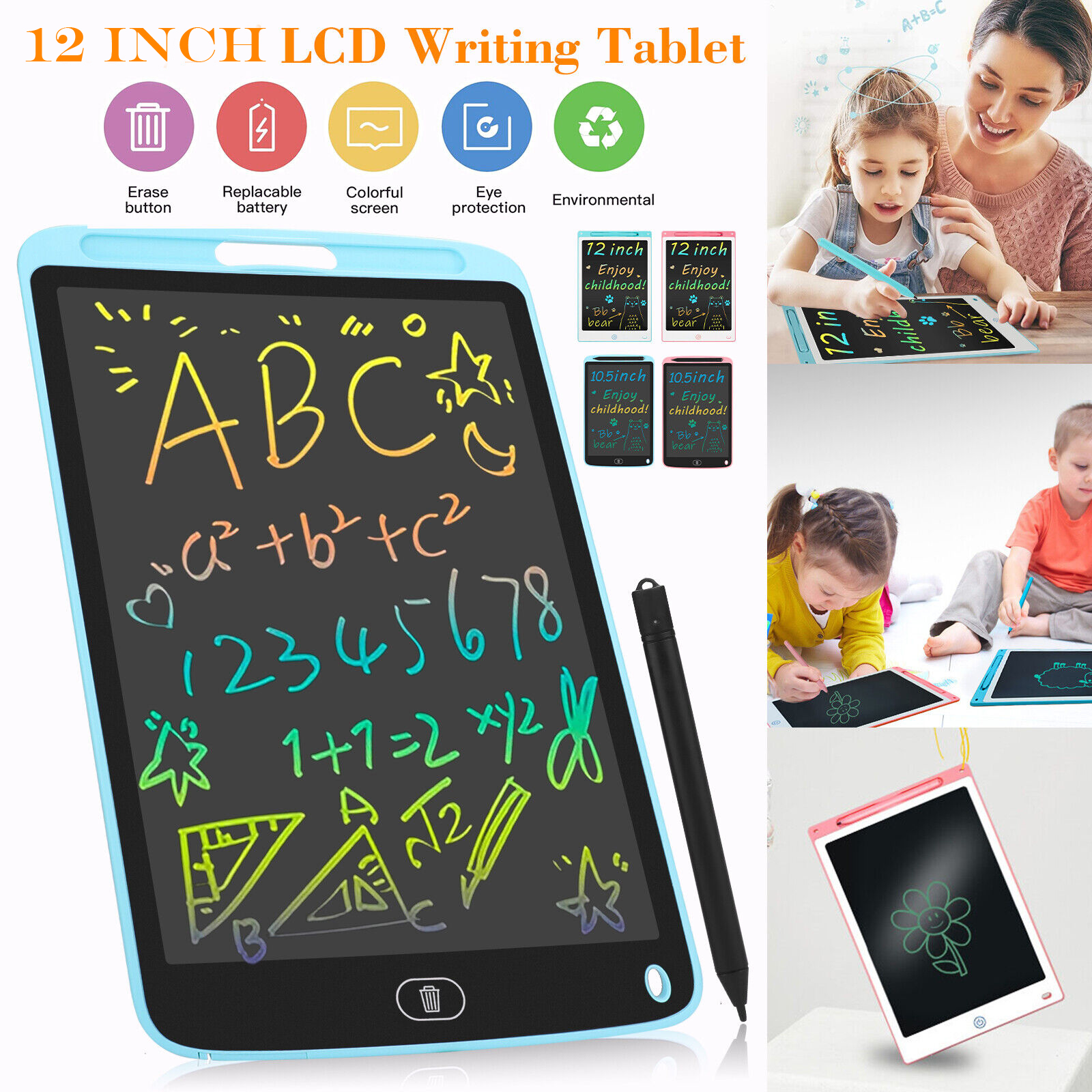 Picture of New 12" Multicolor Lcd Writting Tab for kids, Office Writing Board, Digital Drawing Pad, Erasable E-writer, Digital Drawing