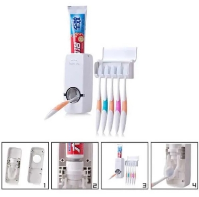 Picture of Automatic Toothpaste Dispenser Wall Mount Storage Rack Dust-proof Holder Wall Toothbrush Storage Box Bathroom Accessories Set
