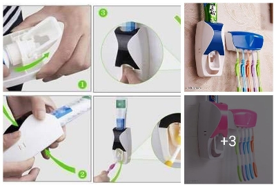 Picture of Automatic Toothpaste Dispenser Wall Mount Storage Rack Dust-proof Holder Wall Toothbrush Storage Box Bathroom Accessories Set