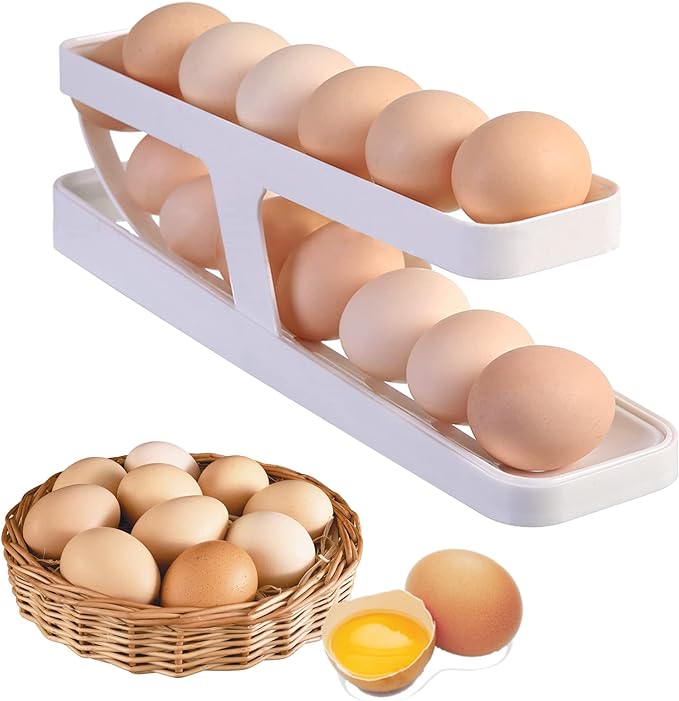 Picture of 1 pic Double-Layer Egg Dispenser Automatic Roll-Down Egg Storage Rack Slide Egg Carton Refrigerator Egg Basket Kitchen Countertop Egg Holder
