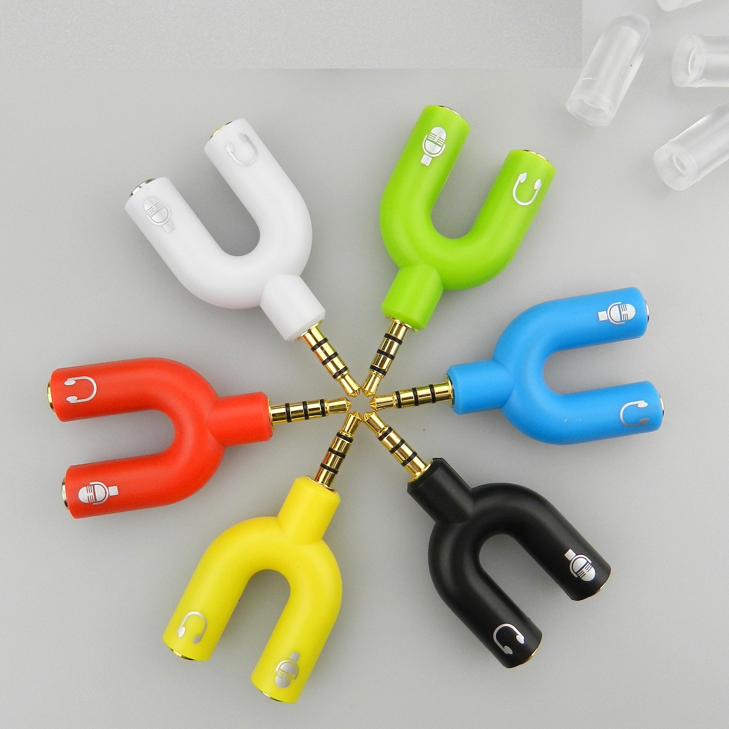 Picture of Audio Jack to Headphone Microphone 2 Way U Splitter Converter Adaptor Multicolor