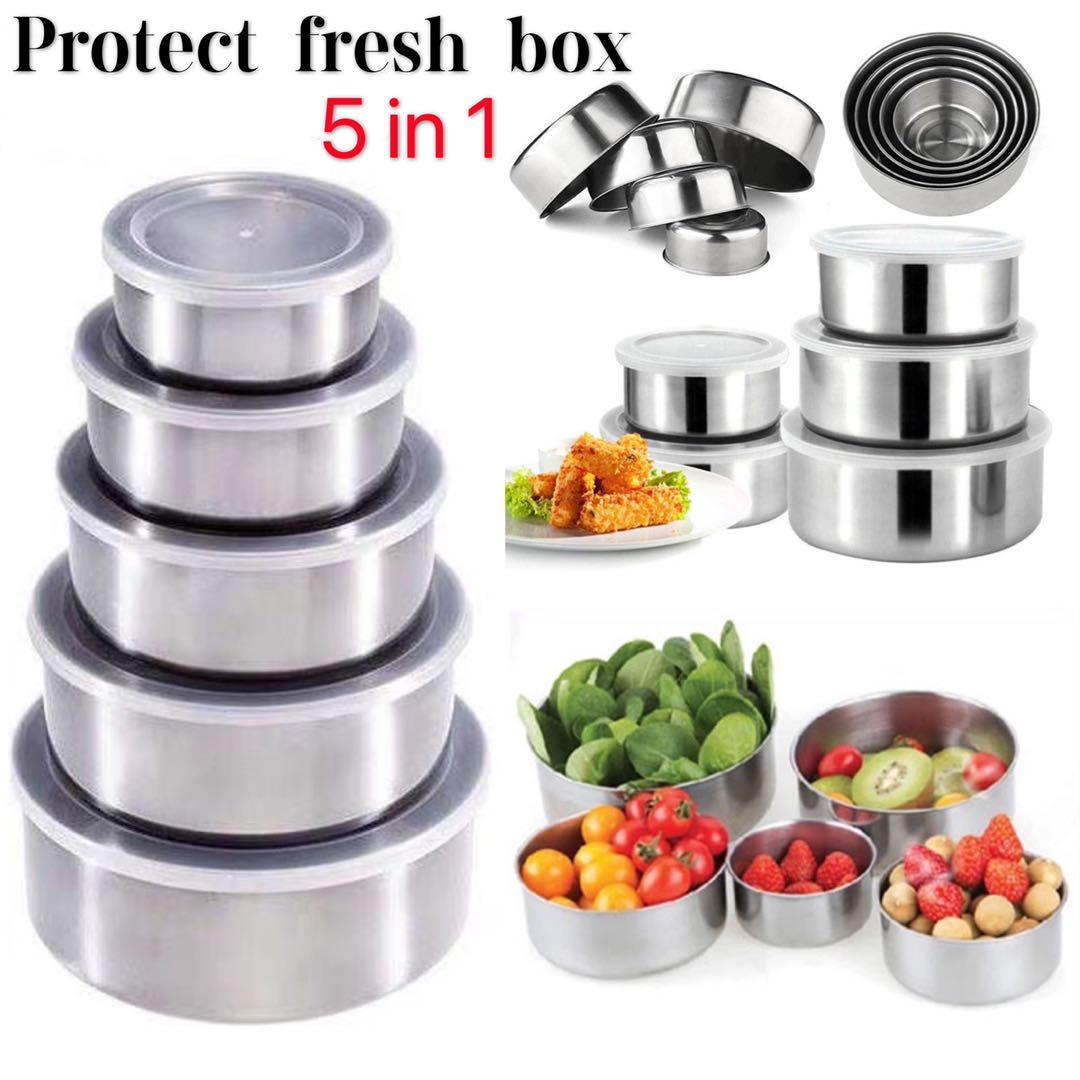 Picture of Stainless Steel Food Box 5 Pieces With Food Grade Plastic Cover - Tiffin Box For Office