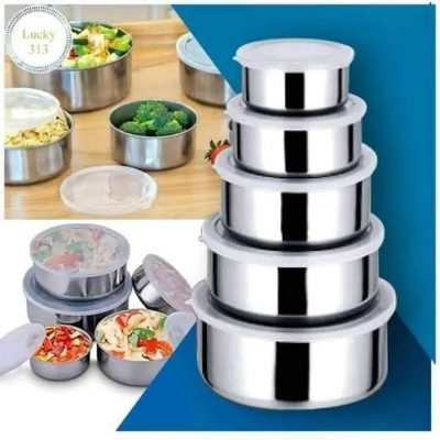Picture of Stainless Steel Food Box 5 Pieces With Food Grade Plastic Cover - Tiffin Box For Office