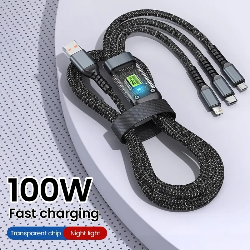 Picture of 3 In 1 100W USB Type C Fast Charging Cable For iPhone Xiaomi Poco Huawei Samsung Micro USB Type C Multi Port Charging Wire