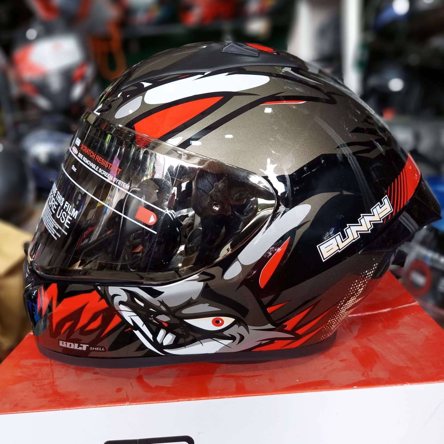 Picture of Bolt Bunny Glossy Black Red full face helmet with dual certification. (Red and Black)