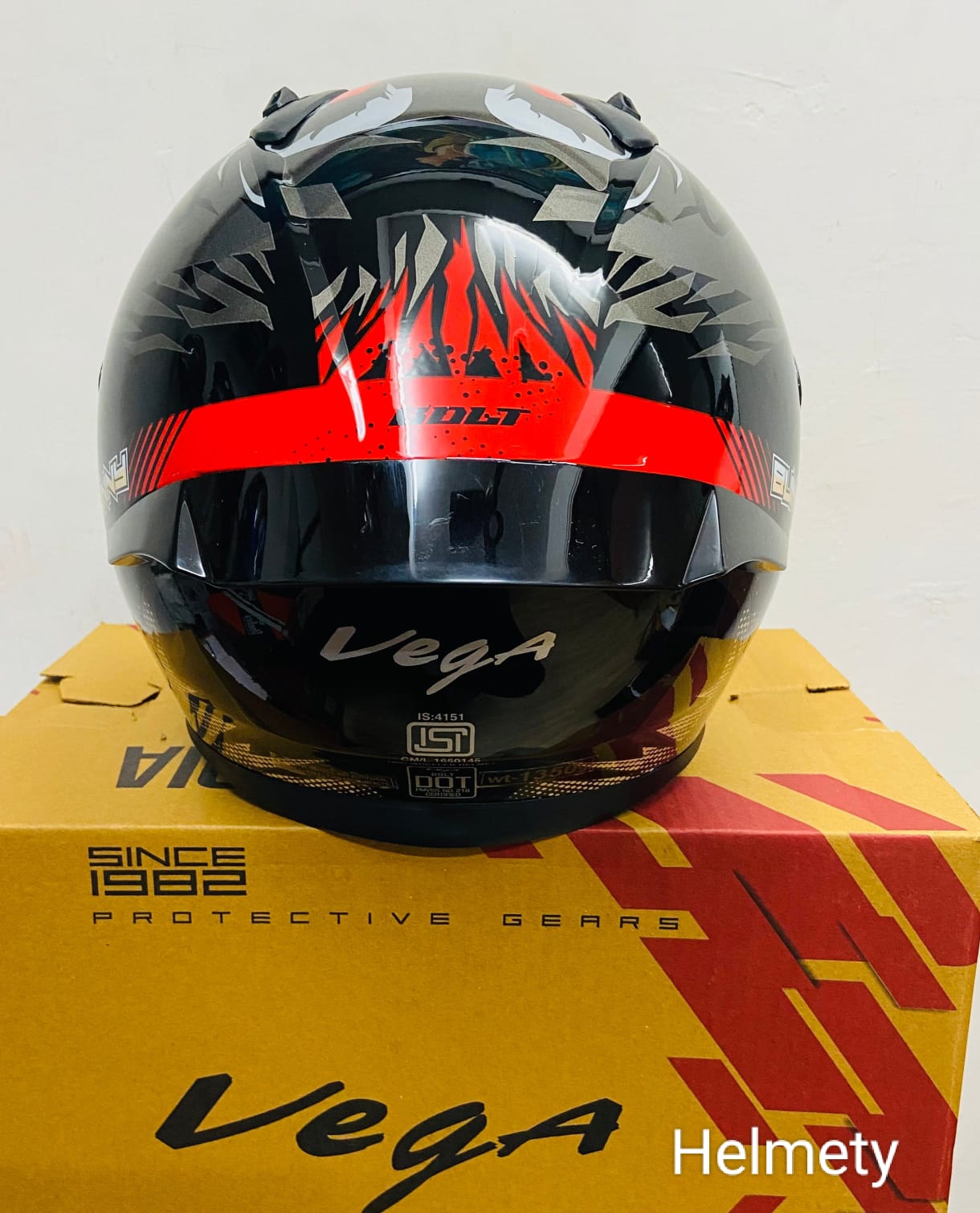 Picture of Bolt Bunny Glossy Black Red full face helmet with dual certification. (Red and Black)