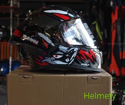 Picture of Bolt Bunny Glossy Black Red full face helmet with dual certification. (Red and Black)
