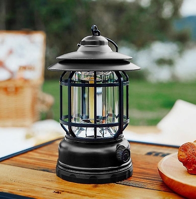 Picture of Camping Lanterns Electric LED Camping Lights Outdoor Hanging Tent Light Vintage Tabletop Lantern Decor Stepless Dimming Waterproof for Camping, Power Outages, Indoor (Black)