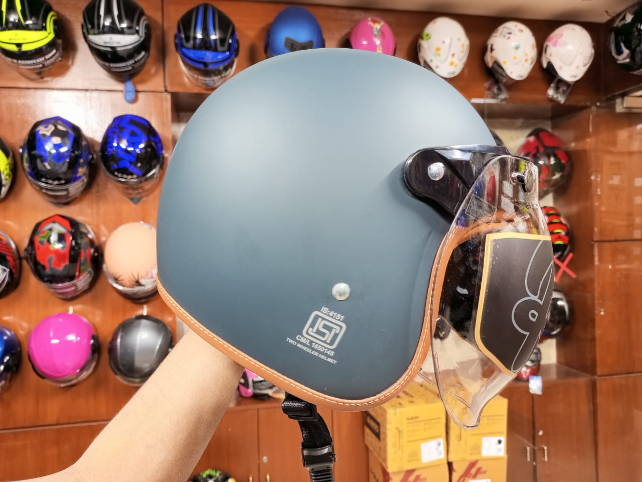 Picture of Axor Retro Jet Leather Dull Slate Dual Certified Helmet (SLATE)