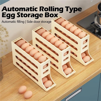 Picture of Egg Storage Case Large Capacity Egg Storage Box for Fridge 4 Tiers Automatic Rolling Egg Organizer Refrigerator Side Door Egg Dispenser Restaurant Egg Holder Egg Storage Container