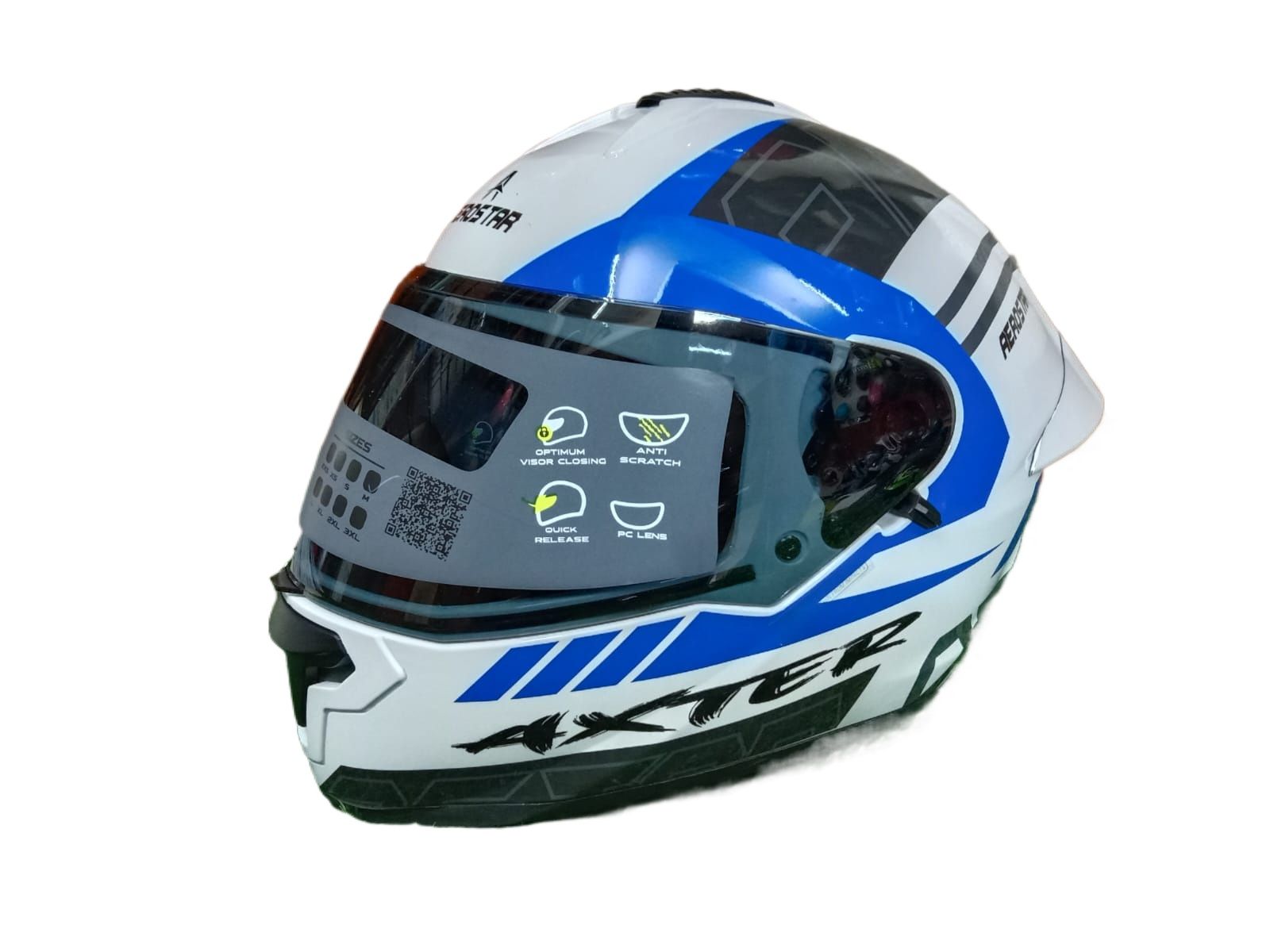 Picture of AEROSTAR AXTER Full Face Glossy Black Helmet ISI And Dot Certified (Black blue white)