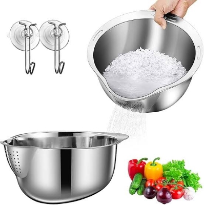 Picture of KesaPlan Rice Washer Strainer Bowl, 4-in-1 Washer Bowl Stainless Steel Rice Rinser Strainer Sink Colanders With Side Drainers for Cleaning Fruits, Vegetables, and Beans, Versatile Kitchen Tool