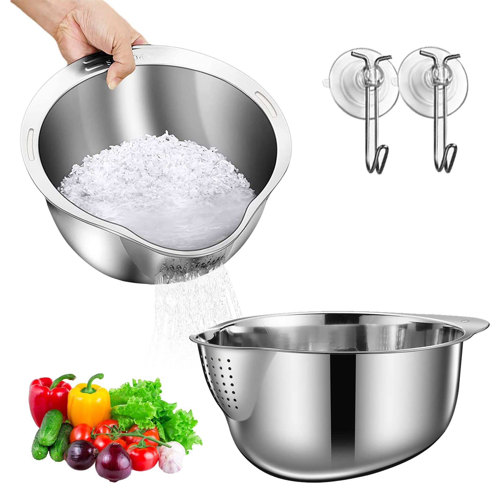 Picture of KesaPlan Rice Washer Strainer Bowl, 4-in-1 Washer Bowl Stainless Steel Rice Rinser Strainer Sink Colanders With Side Drainers for Cleaning Fruits, Vegetables, and Beans, Versatile Kitchen Tool