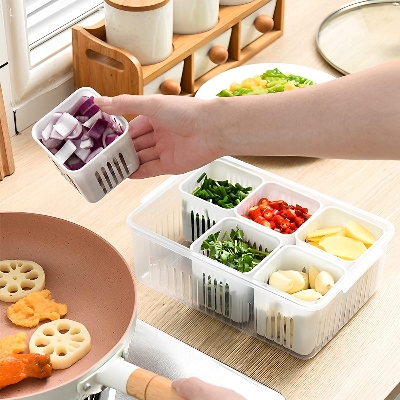 Picture of Refrigerator Storage Box 6 Grid Food Vegetable Fruit Storage Box Fridge Organizer Drain Basket Meat Onion Ginger Clear Crisper