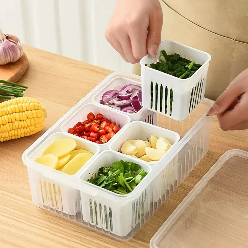 Picture of Refrigerator Storage Box 6 Grid Food Vegetable Fruit Storage Box Fridge Organizer Drain Basket Meat Onion Ginger Clear Crisper