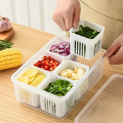 Picture of Refrigerator Storage Box 6 Grid Food Vegetable Fruit Storage Box Fridge Organizer Drain Basket Meat Onion Ginger Clear Crisper
