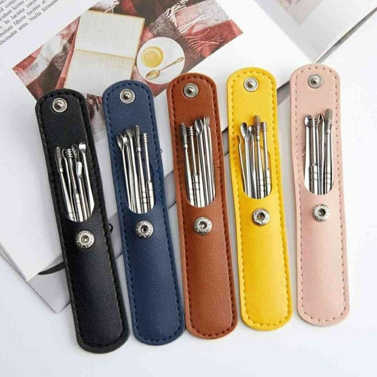 Picture of Ear picking set, 6 pcs ear picking tools, portable ear cleaner, stainless steel ear buds with leather case