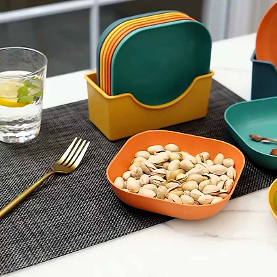 Picture of Plastic Maid 10Pcs Square Dinner Plates With Holder (KD : 324) Different colors in a set ]