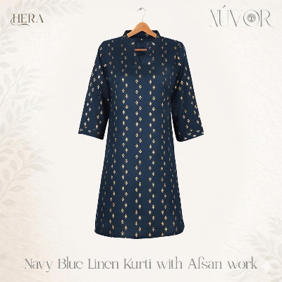 Picture of Navy Blue Linen Kurti with Afsan work