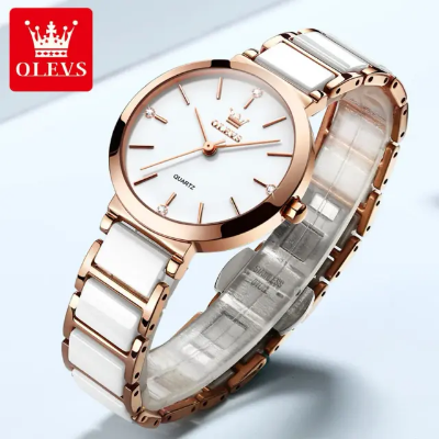 Picture of OLEVS 5877 Ceramic Classic fashion Quartz movement women watch- Rose Gold & White