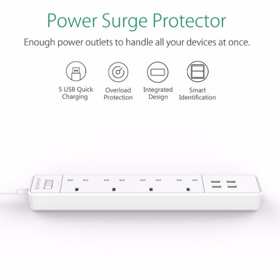 Picture of Orico OSC-4A4U-UK Surge Protector 4 UK Socket with 4 USB Charging Port 4A with UK adapter Home Office Power Strips- White