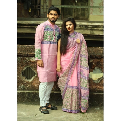 Picture of Block Print Pink Color Half Silk Saree and Dhupiyan panjabi For Combo Couple Dress - Pink