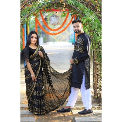 Picture of Black Color Block Print Dhupion Saree and Dupaiyan Panjabi couple Dress for Men and women