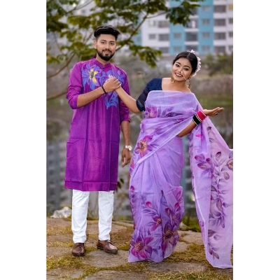 Picture of Purple Hand Print Half Silk Saree and Dupaiyan Panjabi couple Dress for Men and women