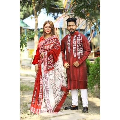Picture of Maroon Block Print Dhupion Saree and Dupaiyan Panjabi couple Dress for Men and women