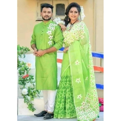 Picture of Lemon Hand Print Half Silk Saree and Dupaiyan Panjabi couple Dress for Men and women