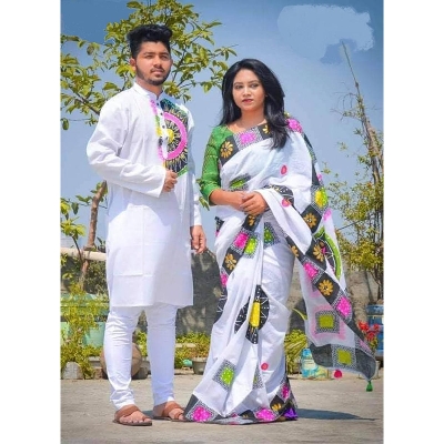 Picture of White Block Print Half Silk Saree and Dupaiyan Panjabi couple Dress for Men and women - Red