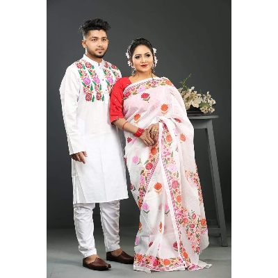 Picture of White Color Block Print Dhupion Saree and Dupaiyan Panjabi couple Dress for Men and women