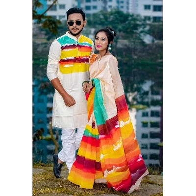 Picture of Multicolor Hand Print Half Silk Saree and Dupaiyan Panjabi couple Dress for Men and women