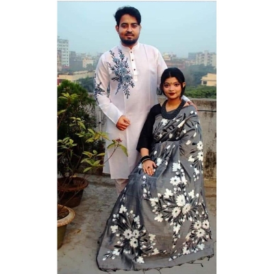 Picture of Whit and Ash Hand Print Half Silk Saree and Dupaiyan Panjabi couple Dress for Men and women