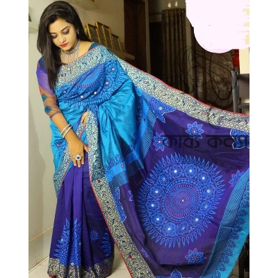 Picture of Block Print Black and Blue Saree New Collection Fashionable Stylish and Comfortable, Half Silk Saree For Women