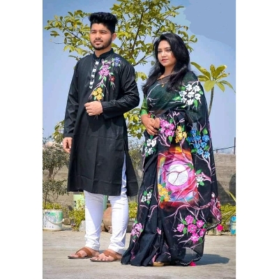 Picture of Black Hand Print Half Silk Saree and Dupaiyan Panjabi couple Dress for Men and women