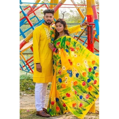 Picture of Yellow Hand Print Half Silk Saree and Dupaiyan Panjabi couple Dress for Men and women
